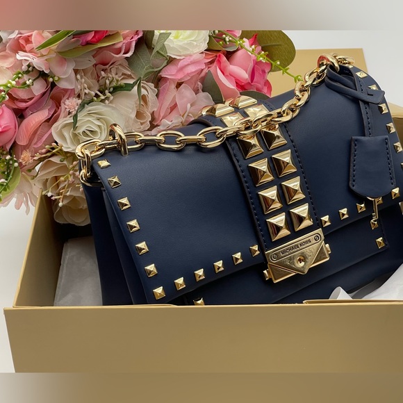 Michael Kors Navy Faux Leather Studs Satchel Shoulder Bag - Picture 2 of 16